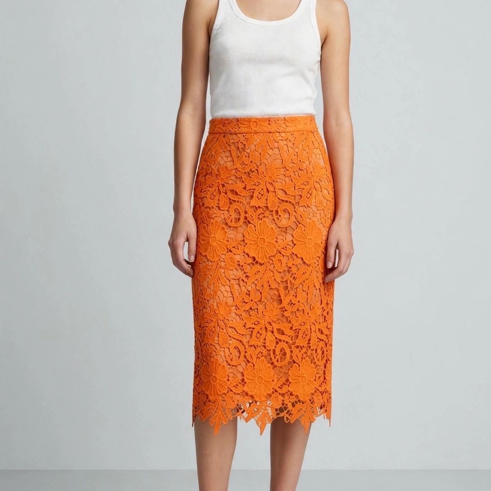 Alice Olivia Orange Lace Pencil Skirt Back Zip Knee Length Women's Size 2